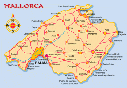 Экскурсия по острову Майорка Mallorca.  Карта Майорки .Mallorca Map