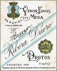 Этикетка вина Рибера дель Дуэро Ribera del Duero 1927 года