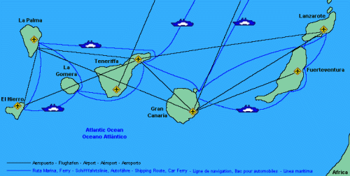 Карта Канарских островов ,  аэропорты , маршруты по морю на паромах.
