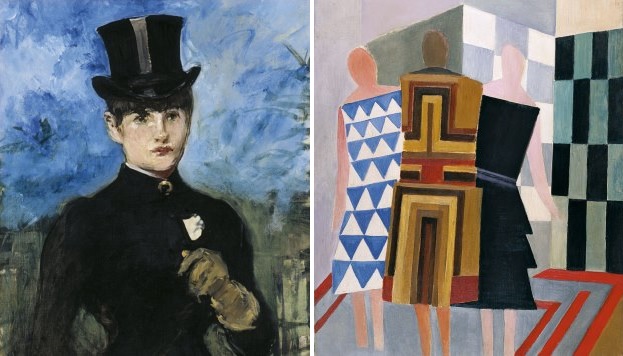 Амазонка , ок. 1882. Эдуард Мане. Платья (три женщины, формы и цвета), ок. 1925. Соня Делоне. Экскурсия в Музей Тиссен Борнемиса , Мадрид Испания.